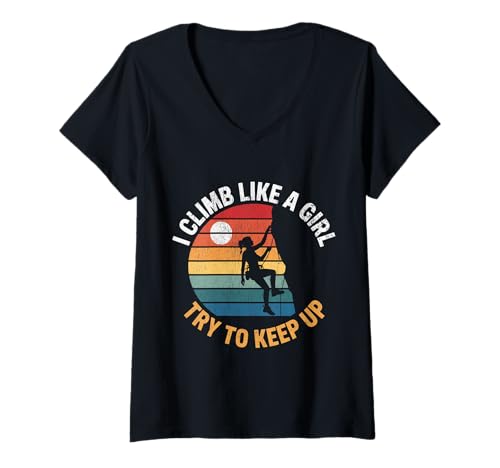 Damen Süß, ich klettere wie EIN Mädchen, Coole Freeclimbing-Liebhaber T-Shirt mit V-Ausschnitt von Design Proud Girl Rock Climber