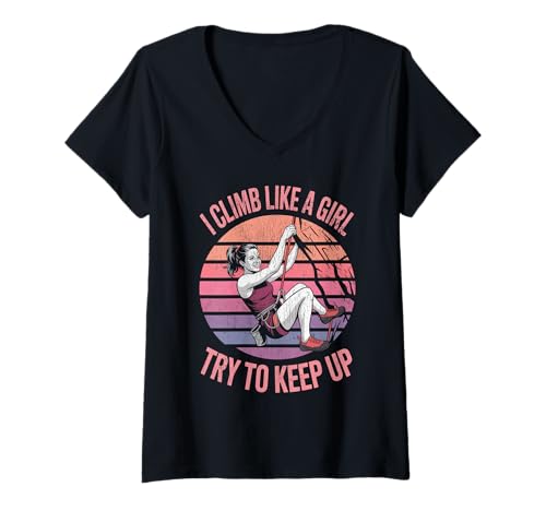 Damen Süß, ich klettere wie EIN Mädchen, Coole Freeclimbing-Liebhaber T-Shirt mit V-Ausschnitt von Design Proud Girl Rock Climber