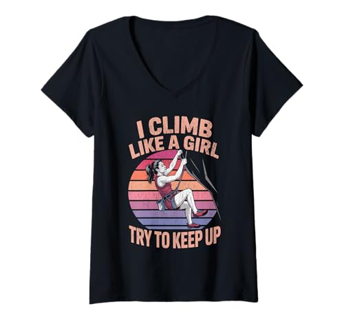 Damen Süß, ich klettere wie EIN Mädchen, Coole Freeclimbing-Liebhaber T-Shirt mit V-Ausschnitt von Design Proud Girl Rock Climber