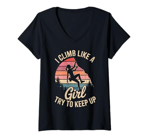 Damen Süß, ich klettere wie EIN Mädchen, Coole Freeclimbing-Liebhaber T-Shirt mit V-Ausschnitt von Design Proud Girl Rock Climber