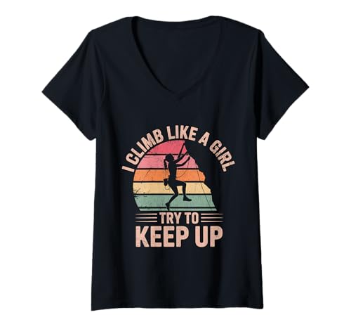 Damen Süß, ich klettere wie EIN Mädchen, Coole Freeclimbing-Liebhaber T-Shirt mit V-Ausschnitt von Design Proud Girl Rock Climber