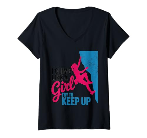 Damen Süß, ich klettere wie EIN Mädchen, Coole Freeclimbing-Liebhaber T-Shirt mit V-Ausschnitt von Design Proud Girl Rock Climber