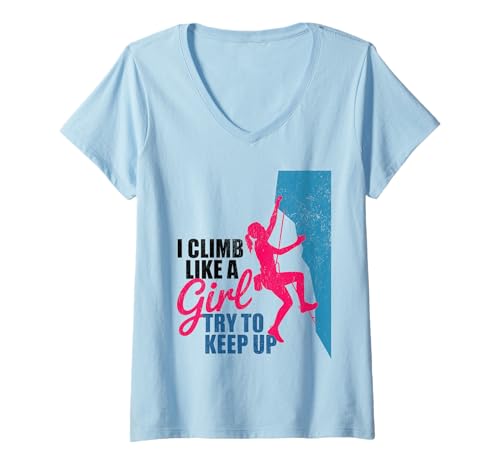 Damen Süß, ich klettere wie EIN Mädchen, Coole Freeclimbing-Liebhaber T-Shirt mit V-Ausschnitt von Design Proud Girl Rock Climber