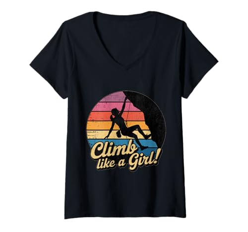 Damen Süßes Klettern wie EIN Mädchen Coole Freeclimbing-Liebhaber T-Shirt mit V-Ausschnitt von Design Proud Girl Rock Climber
