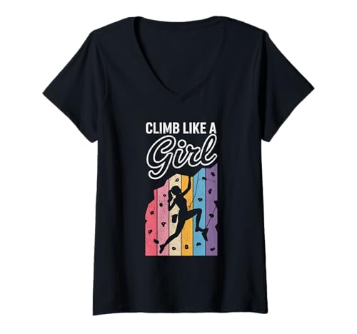 Damen Süßes Klettern wie EIN Mädchen Coole Freeclimbing-Liebhaber T-Shirt mit V-Ausschnitt von Design Proud Girl Rock Climber