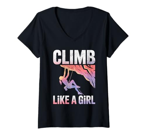 Damen Süßes Klettern wie EIN Mädchen Coole Freeclimbing-Liebhaber T-Shirt mit V-Ausschnitt von Design Proud Girl Rock Climber