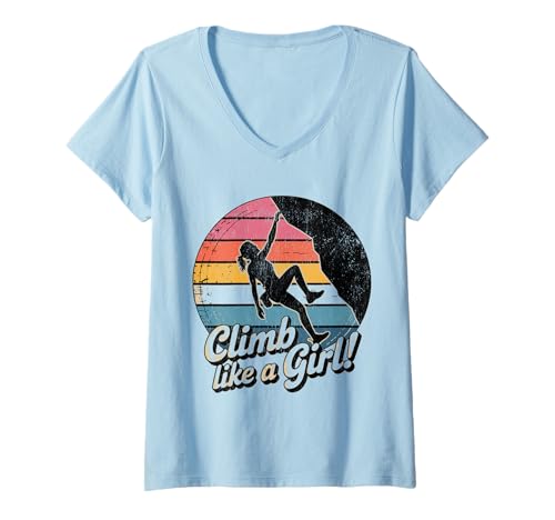 Damen Süßes Klettern wie EIN Mädchen Coole Freeclimbing-Liebhaber T-Shirt mit V-Ausschnitt von Design Proud Girl Rock Climber