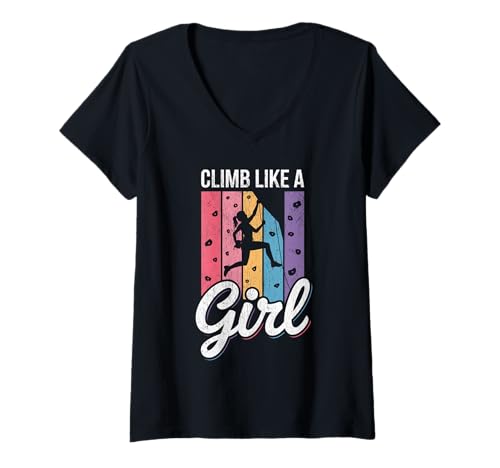 Damen Süßes Klettern wie EIN Mädchen Coole Freeclimbing-Liebhaber T-Shirt mit V-Ausschnitt von Design Proud Girl Rock Climber