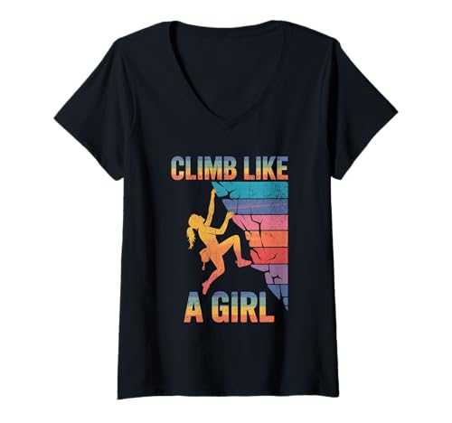 Damen Süßes Klettern wie EIN Mädchen Coole Freeclimbing-Liebhaber T-Shirt mit V-Ausschnitt von Design Proud Girl Rock Climber