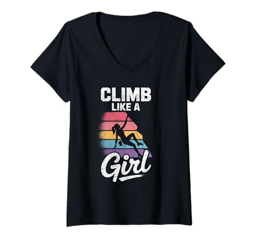 Damen Süßes Klettern wie EIN Mädchen Coole Freeclimbing-Liebhaber T-Shirt mit V-Ausschnitt von Design Proud Girl Rock Climber