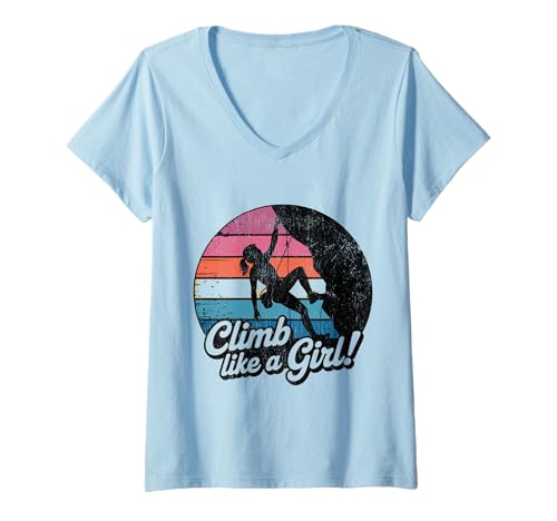 Damen Süßes Klettern wie EIN Mädchen Coole Freeclimbing-Liebhaber T-Shirt mit V-Ausschnitt von Design Proud Girl Rock Climber