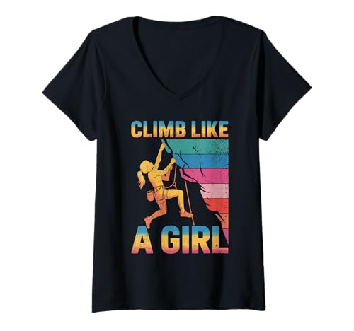 Damen Süßes Klettern wie EIN Mädchen Coole Freeclimbing-Liebhaber T-Shirt mit V-Ausschnitt von Design Proud Girl Rock Climber