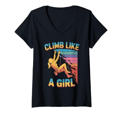 Damen Süßes Klettern wie EIN Mädchen Coole Freeclimbing-Liebhaber T-Shirt mit V-Ausschnitt von Design Proud Girl Rock Climber
