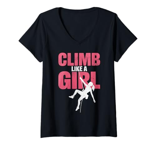 Damen Süßes Klettern wie EIN Mädchen Coole Freeclimbing-Liebhaber T-Shirt mit V-Ausschnitt von Design Proud Girl Rock Climber