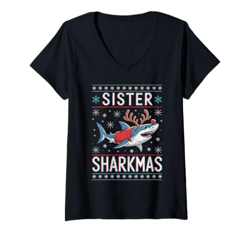 Damen Sister Sharkmas lustige Weihnachtsmütze mit Haifischmotiv, hässlicher Weihnachtspullover T-Shirt mit V-Ausschnitt Damen Sister Sharkmas lustige Weihnachtsmütze mit Haifischmotiv, hässlicher Weihnachtspullover T-Shirt mit V-Ausschnitt von Design Shark Santa Hat Ugly Christmas Sweater