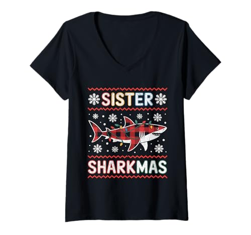 Damen Sister Sharkmas lustige Weihnachtsmütze mit Haifischmotiv, hässlicher Weihnachtspullover T-Shirt mit V-Ausschnitt Damen Sister Sharkmas lustige Weihnachtsmütze mit Haifischmotiv, hässlicher Weihnachtspullover T-Shirt mit V-Ausschnitt von Design Shark Santa Hat Ugly Christmas Sweater
