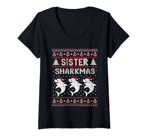Damen Sister Sharkmas lustige Weihnachtsmütze mit Haifischmotiv, hässlicher Weihnachtspullover T-Shirt mit V-Ausschnitt Damen Sister Sharkmas lustige Weihnachtsmütze mit Haifischmotiv, hässlicher Weihnachtspullover T-Shirt mit V-Ausschnitt von Design Shark Santa Hat Ugly Christmas Sweater