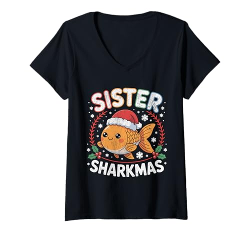 Damen Sister Sharkmas lustige Weihnachtsmütze mit Haifischmotiv, hässlicher Weihnachtspullover T-Shirt mit V-Ausschnitt Damen Sister Sharkmas lustige Weihnachtsmütze mit Haifischmotiv, hässlicher Weihnachtspullover T-Shirt mit V-Ausschnitt von Design Shark Santa Hat Ugly Christmas Sweater