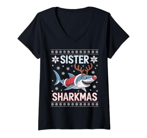 Damen Sister Sharkmas lustige Weihnachtsmütze mit Haifischmotiv, hässlicher Weihnachtspullover T-Shirt mit V-Ausschnitt Damen Sister Sharkmas lustige Weihnachtsmütze mit Haifischmotiv, hässlicher Weihnachtspullover T-Shirt mit V-Ausschnitt von Design Shark Santa Hat Ugly Christmas Sweater