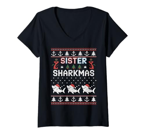 Damen Sister Sharkmas lustige Weihnachtsmütze mit Haifischmotiv, hässlicher Weihnachtspullover T-Shirt mit V-Ausschnitt Damen Sister Sharkmas lustige Weihnachtsmütze mit Haifischmotiv, hässlicher Weihnachtspullover T-Shirt mit V-Ausschnitt von Design Shark Santa Hat Ugly Christmas Sweater