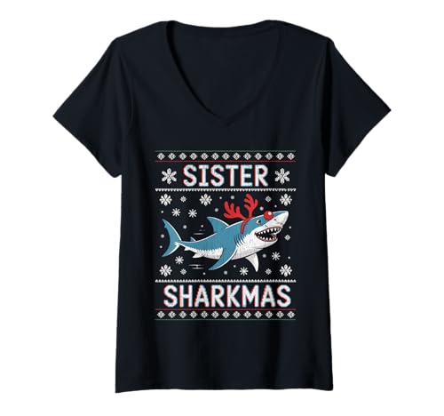 Damen Sister Sharkmas lustige Weihnachtsmütze mit Haifischmotiv, hässlicher Weihnachtspullover T-Shirt mit V-Ausschnitt Damen Sister Sharkmas lustige Weihnachtsmütze mit Haifischmotiv, hässlicher Weihnachtspullover T-Shirt mit V-Ausschnitt von Design Shark Santa Hat Ugly Christmas Sweater