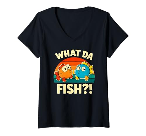 Damen What Da Fish ArazhulMerch Retro Vibes T-Shirt mit V-Ausschnitt von Design-by-Arazhuls-ArazhulMerch-Cloths