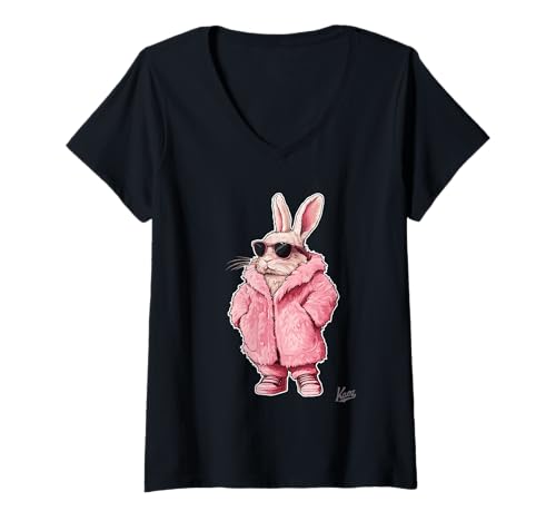 Damen lustiges Tiermotiv im Cartoon-Stil, cooler rosa Hase T-Shirt mit V-Ausschnitt Damen lustiges Tiermotiv im Cartoon-Stil, cooler rosa Hase T-Shirt mit V-Ausschnitt von Design für Hasen-Fans, Tierfreunde, Cartoon-Fans