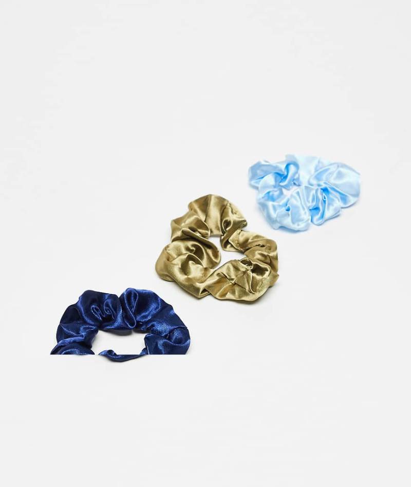 DesignB London - 3er-Pack Haar-Scrunchies aus Satin in Blau und Grün-Bunt von DesignB London