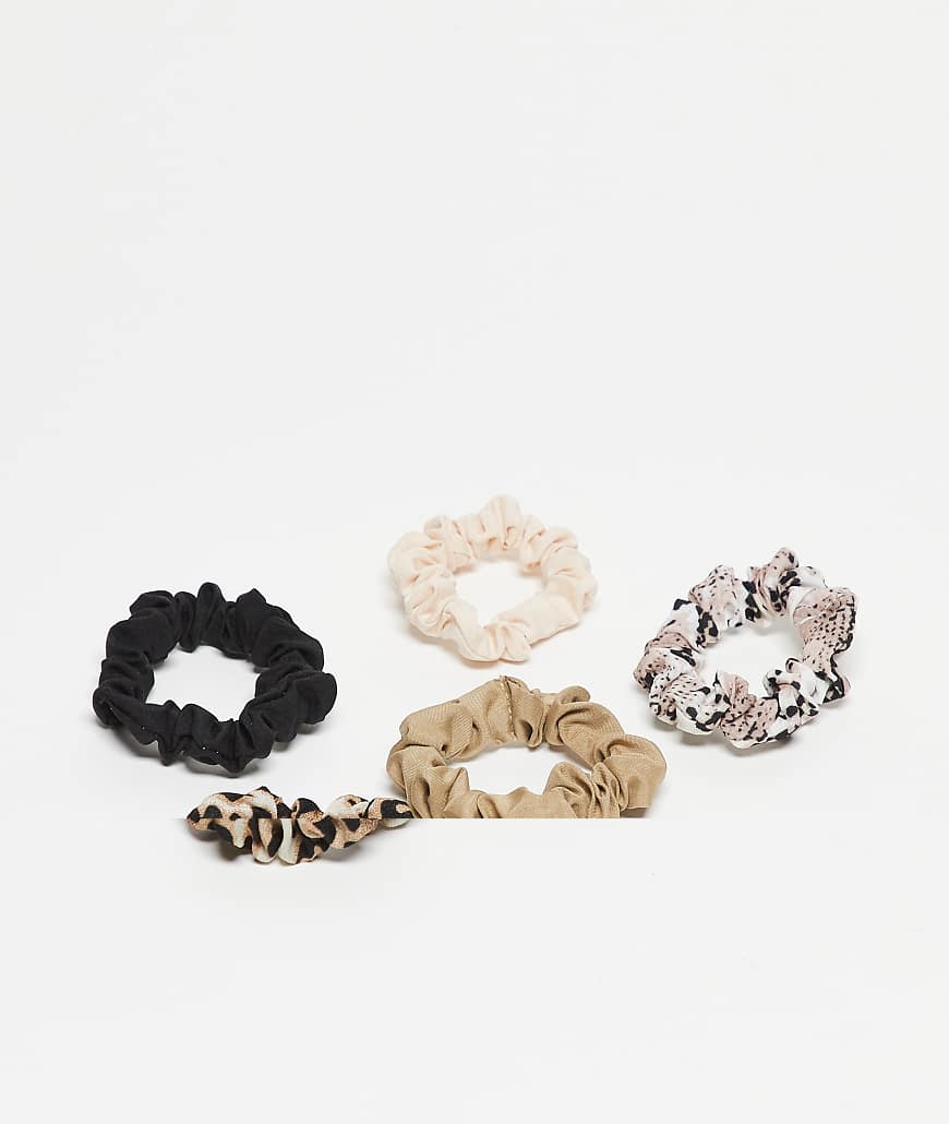 DesignB London - 5er-Pack geraffte Scrunchie-Haargummis mit Animal-Print und in neutralen Farben von DesignB London