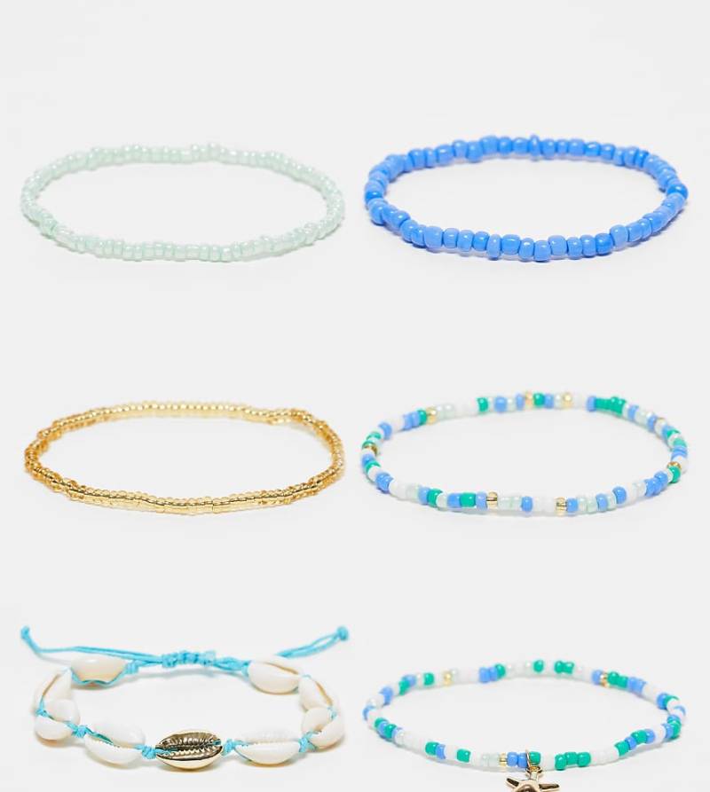 DesignB London - 6er-Pack Armbänder in Blau und Gold mit Perlen, Muscheln und Seesternanhänger-Bunt von DesignB London