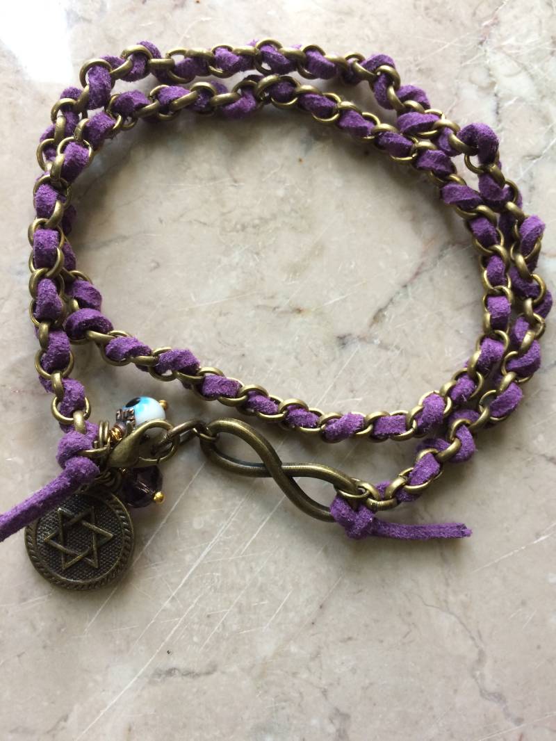 Lila Leder/Bronze Kettenarmband, Unendlich Link, Bösen Blick Charme, Beginn Der David-Charme. #b00247 von DesignImagesLLC