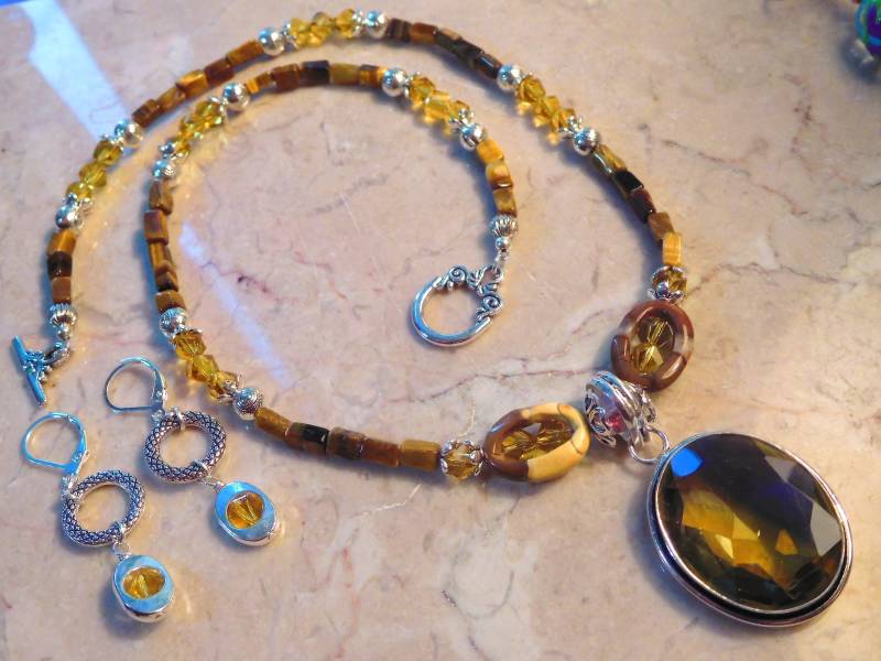 Tigerauge Edelstein Halskette in Der Mitte 925 Sterling Silber Mit Ametrine Quarz Anhänger Und Passende Ohrringe Satz. #nbes0097 Überlagern von DesignImagesLLC