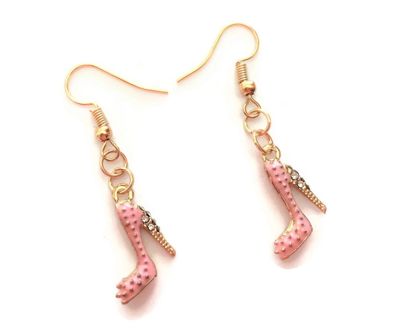Retro Pink Stiletto Schuh Baumeln Tropfen Ohrringe Mit Diamante in Gold Ton Charms Clip Auf Option von DesignbyHummingbird