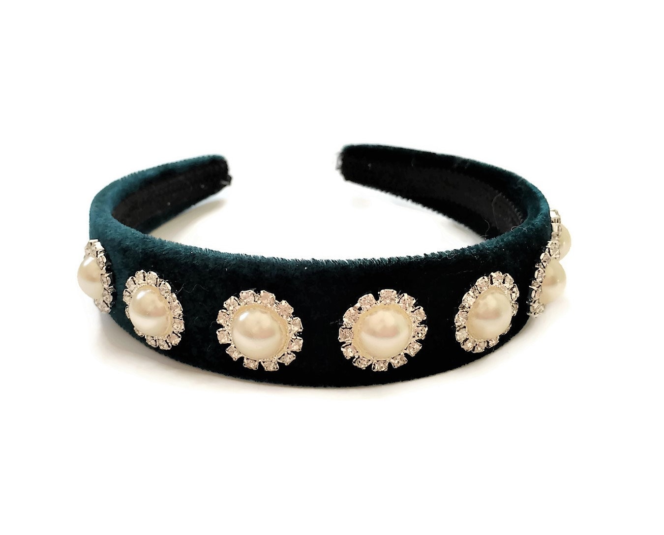 Wunderschöne Dunkel Flaschengrün Flock Samt Stoff Jeweled Stirnband Haarband Mit Kunstperle Cabochon Diamante - Kristall 2, 5 cm Breit von DesignbyHummingbird
