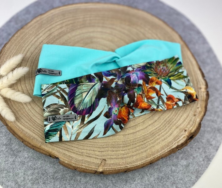 Haarband Aus Bio Baumwolljersey, Stirnband , Headband Bandeau Turbanhaarband Türkis Kolibri Geblümt von DesignbyLaViola