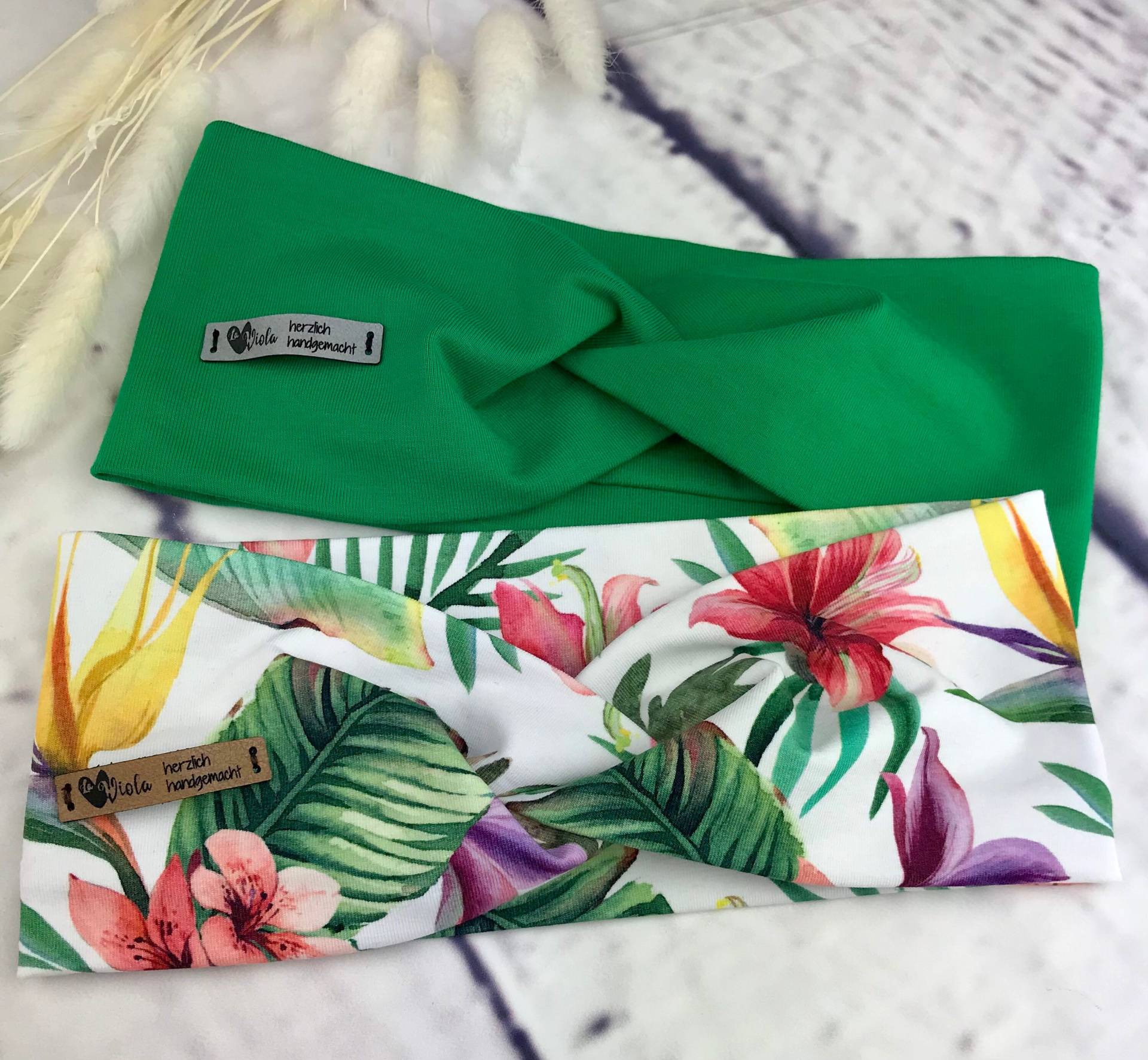 Haarband Aus Bio Baumwolljersey , Stirnband Headband Bandeau Turbanhaarband Für Damen Mädchen Und Baby "Grün Uni | Muster Geblümt von DesignbyLaViola