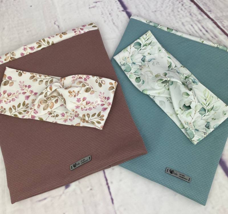 Set Stirnband Mit Passendem Loop Wendeloop in Verschiedenen Mustern Eukalyptus Strickjersey Waffeloptik Mauve Geblümt von DesignbyLaViola