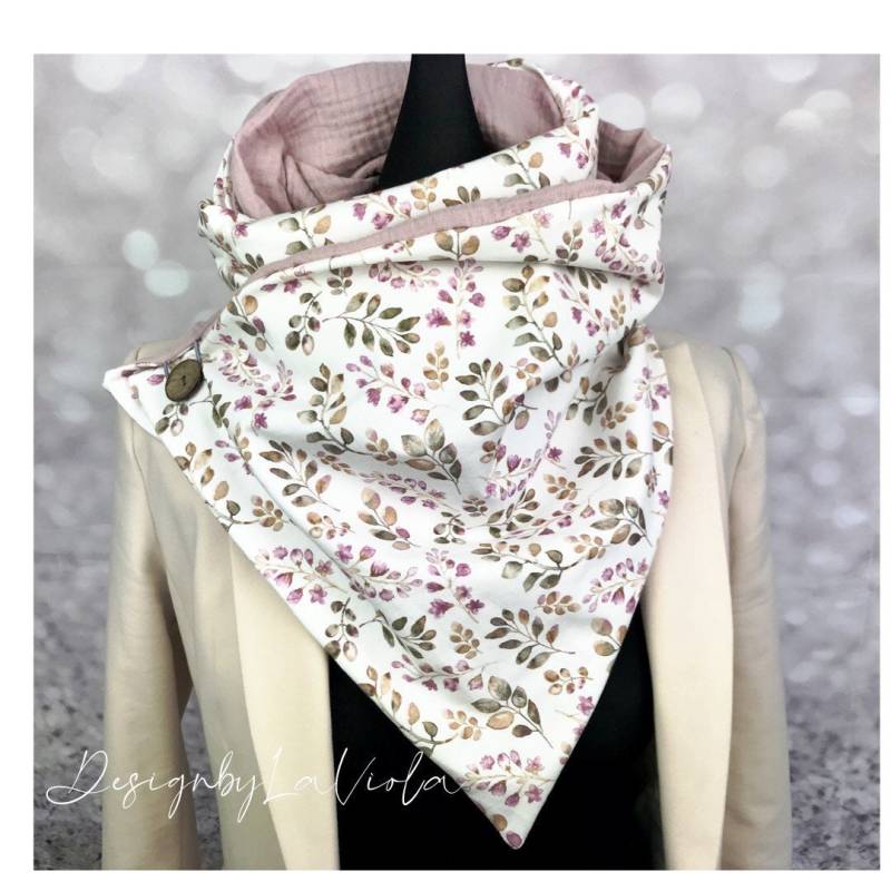 Wickelschal Damen Dreieckstuch Mit Knopf Altrosa Musselin Mauve Geblümten Jersey in Blümchenmuster von DesignbyLaViola