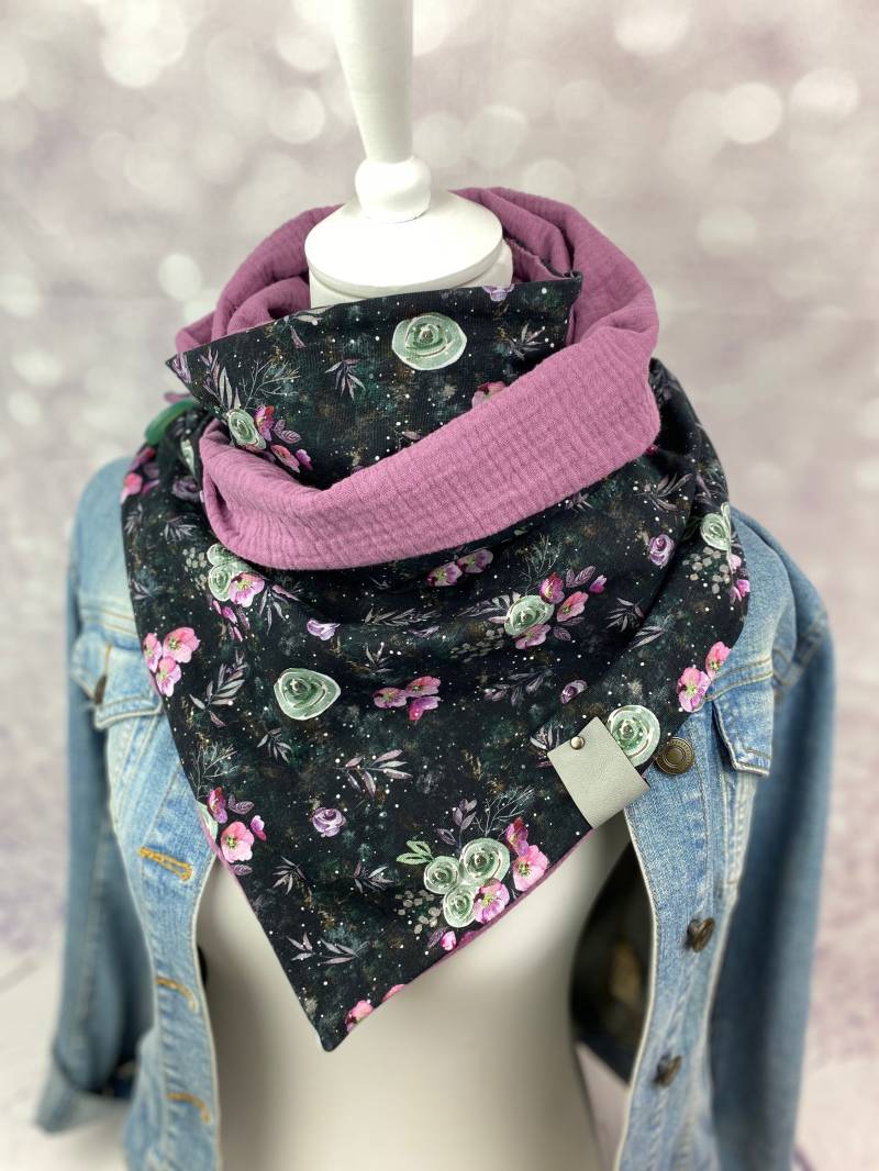Wickelschal Oder Loopschal Damen Musselin Flieder Kombiniert Mit Bio - Baumwolljersey Flieder Und Altpink Dunkel Geblümt von DesignbyLaViola