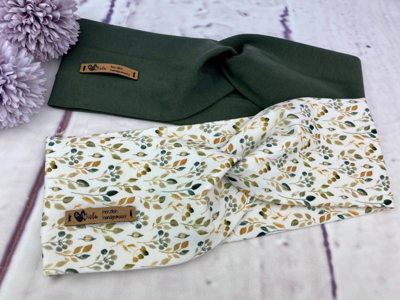 stirnband Aus Bio Baumwolljersey Haarband Bandeau Turban Damen Kinder Baby Blümchenmuster Mini Blätter | Khaki Uni von DesignbyLaViola