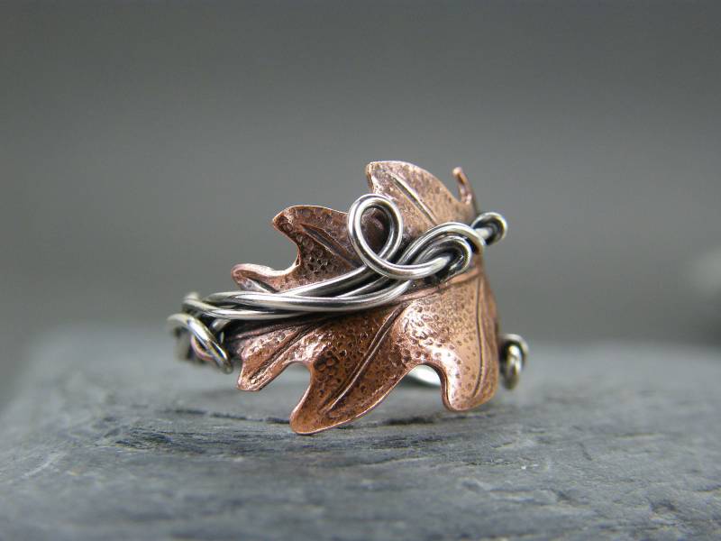 Kupfer Eichenblatt Ring Sterling Silber Band, Verstellbare Daumen Ring Kupfer Eichenblatt Ring Sterling Silber Band, Verstellbare Daumen Ring von DesignedByAnnemarie