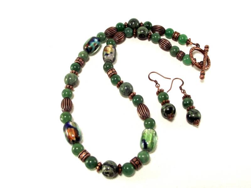 Grüne Halsketten Set - Grün Und Blau Halskette Ohrring Grüner Aventurin Lampwork Kambaba Jaspis von DesignedByAudrey