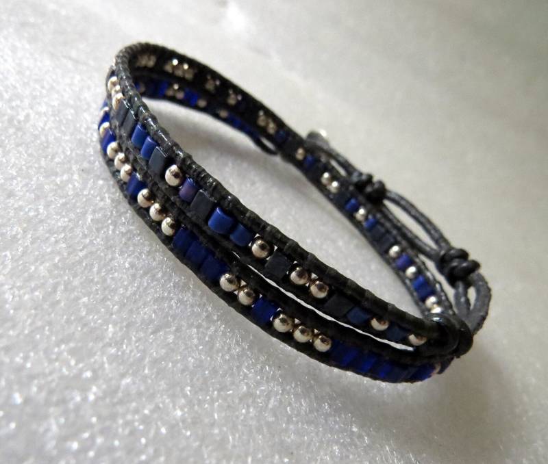 Handgefertigtes Wickelarmband Aus Gunmetal-Leder Sterling Silber & Saphir Miyuki Perlen von DesignerEmporio