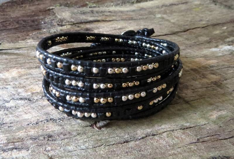 Handgefertigtes Wickelarmband Aus Schwarzem Leder 925Er Silber & 14K Gold Fill von DesignerEmporio