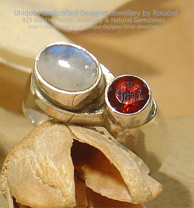 Regenbogen Mondstein 925 Silber Ring Granat Schmuck Größe O 7 von DesignerJewelleryRG