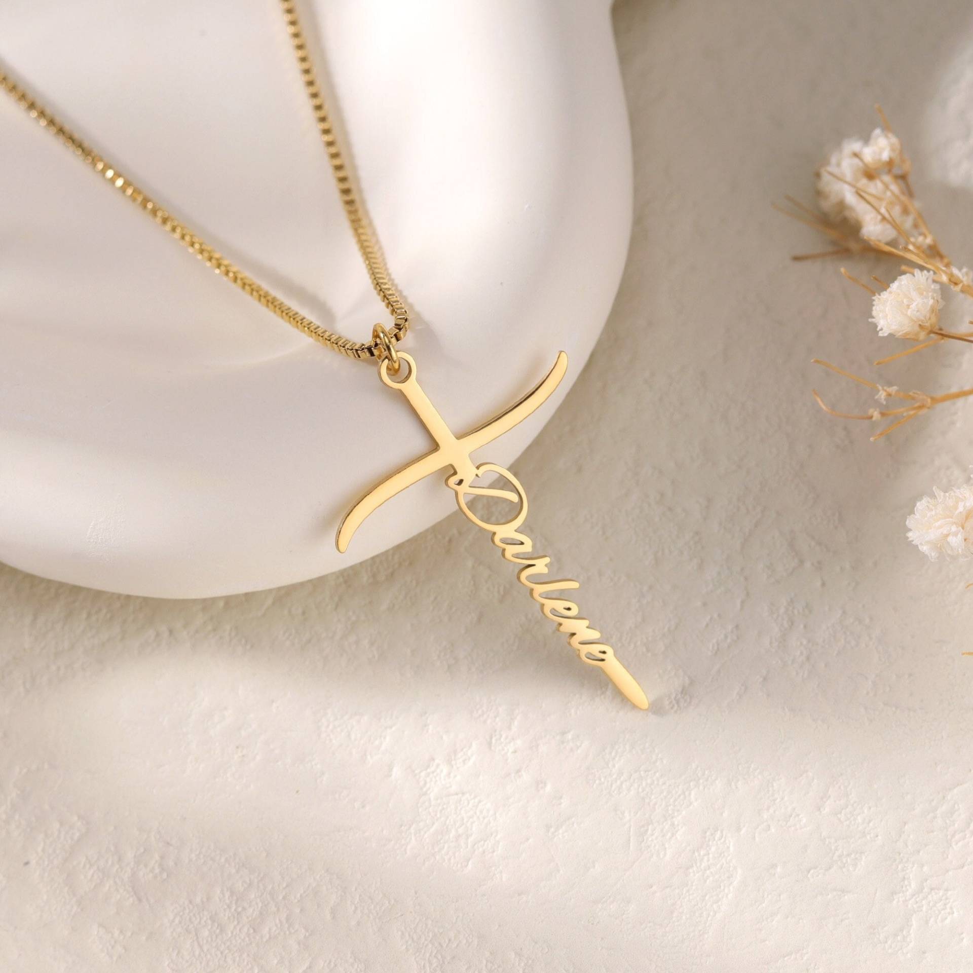 Benutzerdefinierte Kreuz Anhänger Halskette Mit Box Kette|Personalisierte Kinder Name|Christliches Religiöses Geschenk Für Sie|Taufgeschenk von DesignerNameJewelry