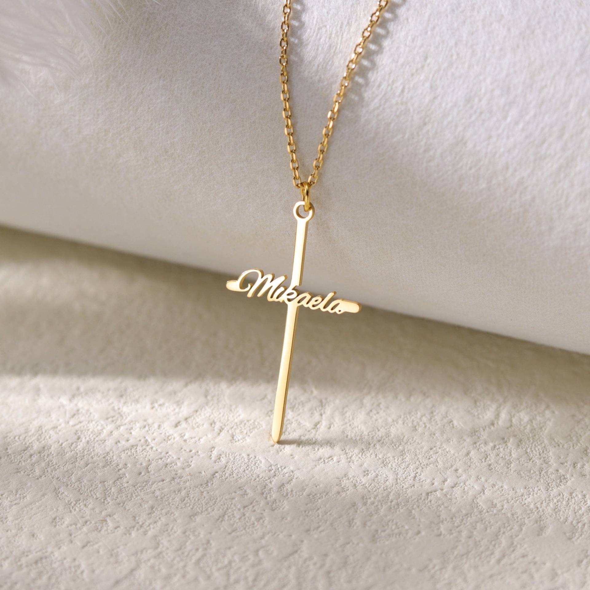 Benutzerdefinierte Silber Minimal Kreuz Anhänger Halskette|Personalisierte Halskette Mit Kinder Namen|Christliches Religiöses Geschenk Für von DesignerNameJewelry