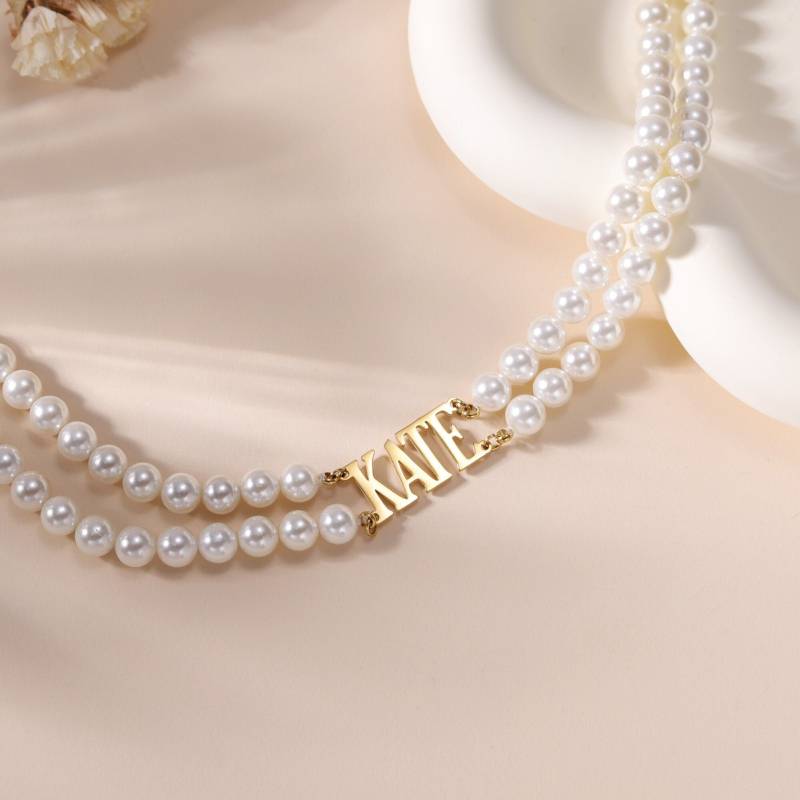 Doppelschicht Goldperlenkette|Personalisierte Süsswasserperlen Namenskette Mit Goldperlen|Benutzerdefinierte Perlenhalskette Geschenk Für Sie von DesignerNameJewelry