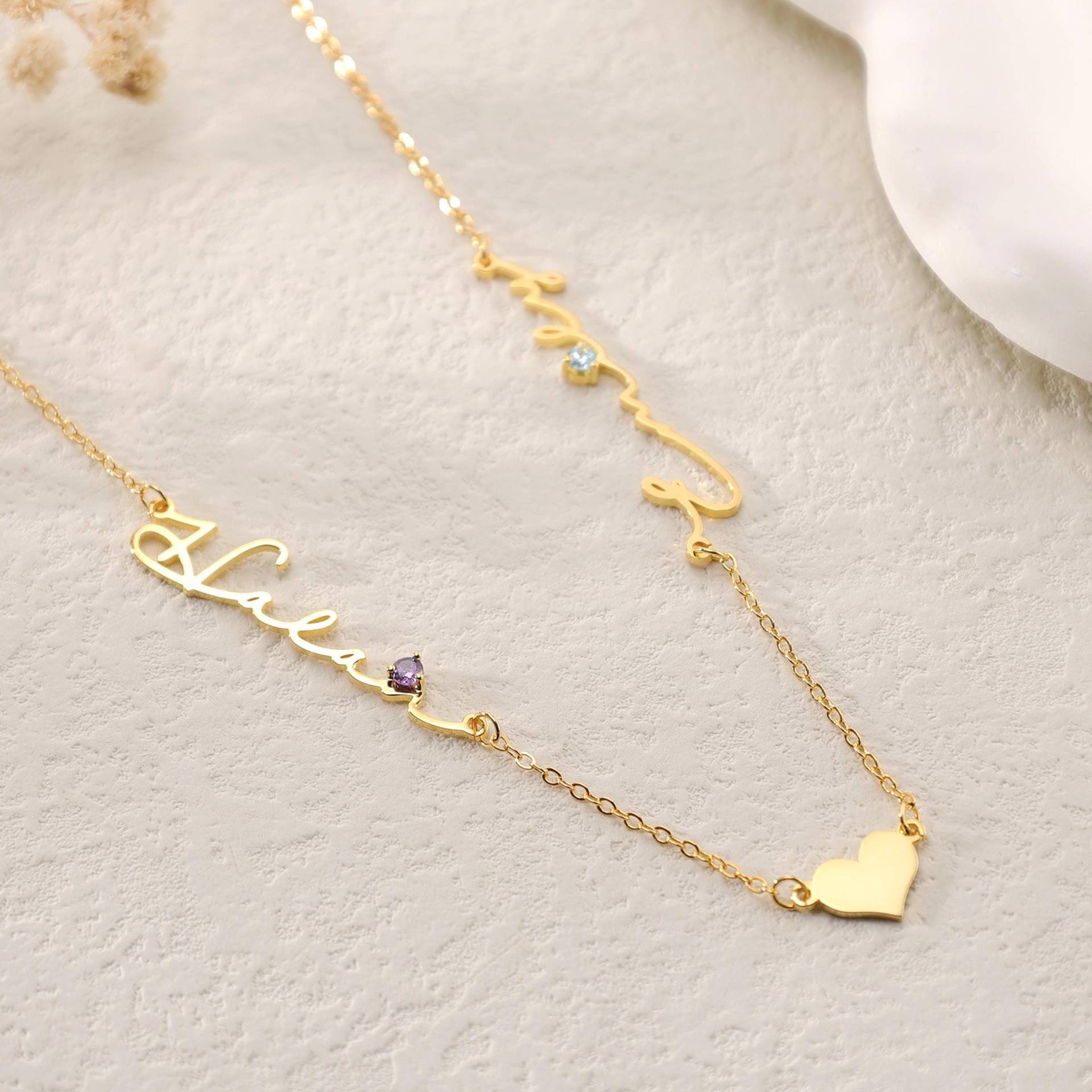 Geburtsstein Herzkette Mit 2 Namen|Kinder Namenskette Geburtsstein|Geburtsstein Personalisierter Schmuck|Beste Mutter Geschenk|Geburtstagsgeschenk von DesignerNameJewelry