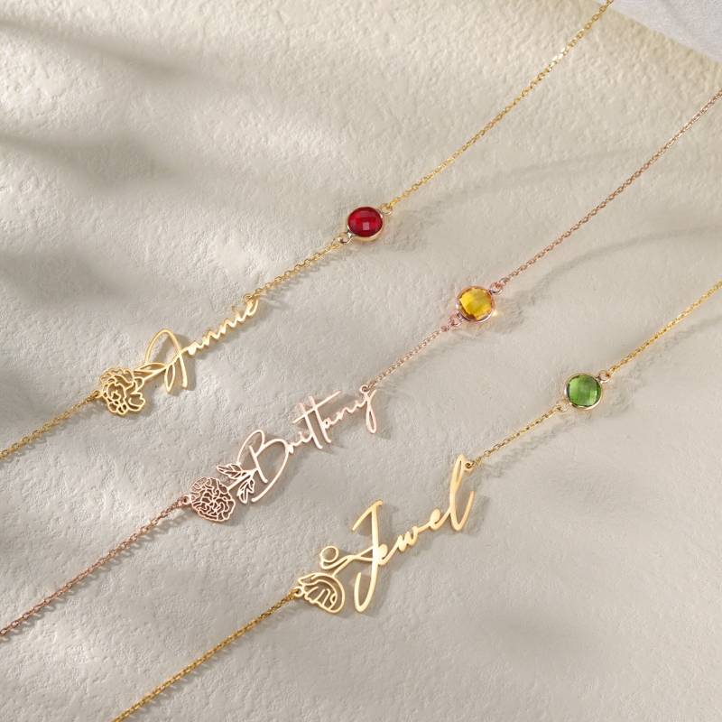 Namenskette Mit Geburtsblume|Geburtsblume Und Geburtsstein Namenskette|Geburtstagsgeschenk|Weihnachtsgeschenk von DesignerNameJewelry